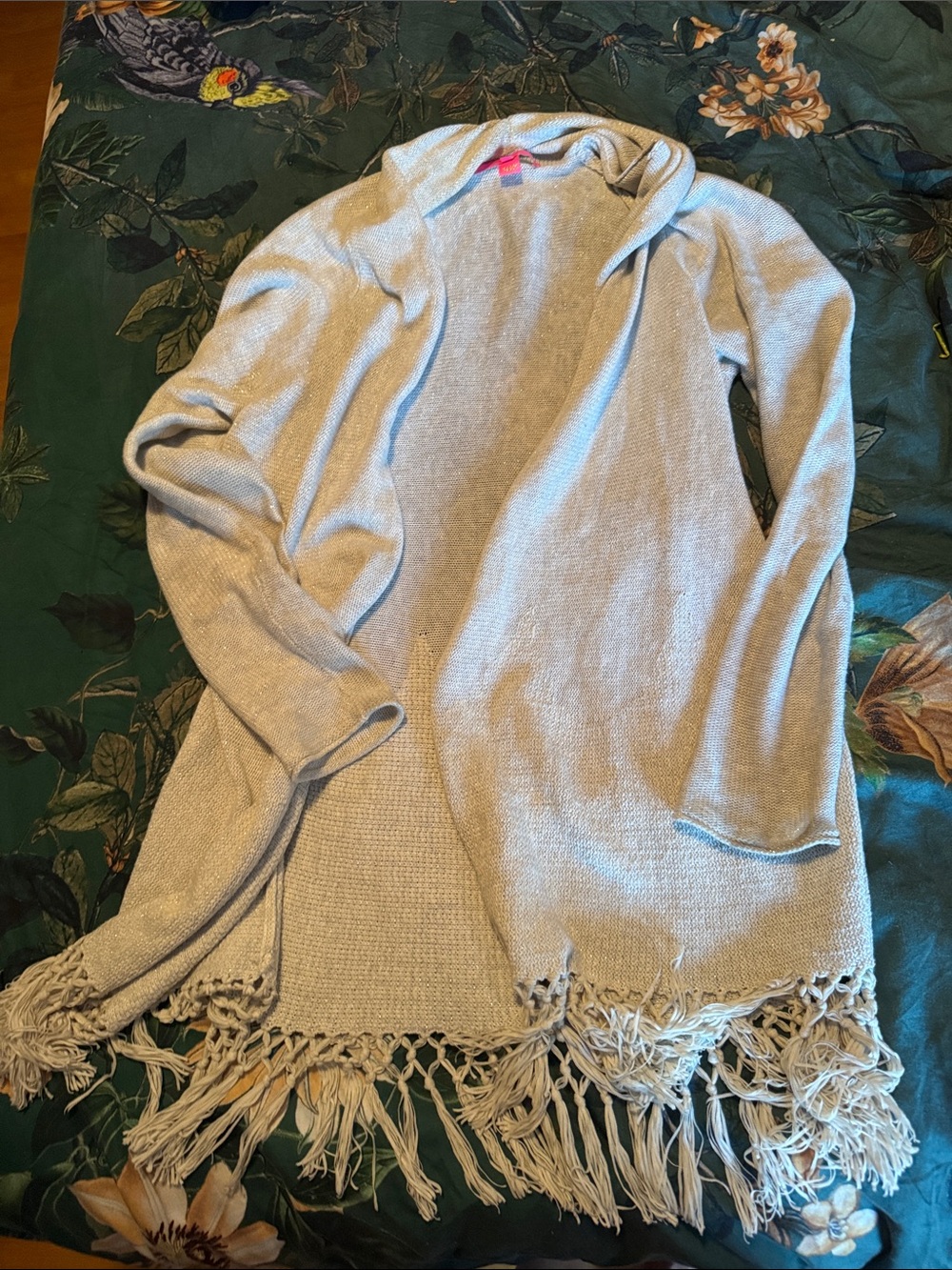 Lilly Pulitzer shimmery Light Gray Open-Front Fringe Cardigan Sweater